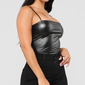 Leather spaghetti strap snap closure bodysuit